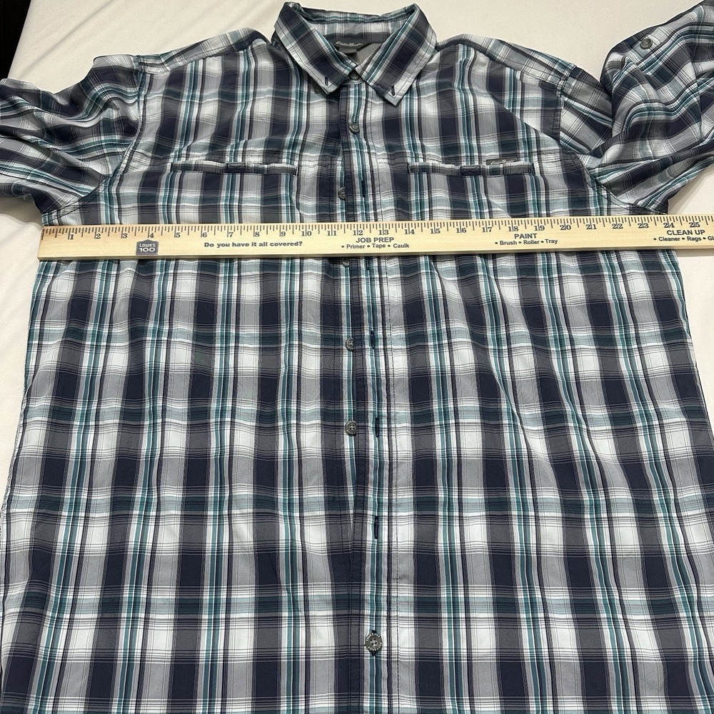 Eddie Bauer Legend Wash Plaid Shirt Men's TL Navy Teal Button Front Cotton - Picture 5 of 10